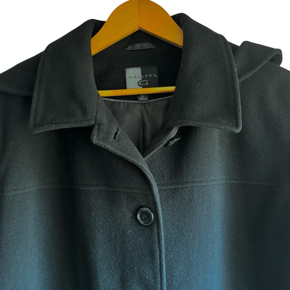 Gallery Wm’s XL Black Winter Coat 80% Wool Single Breast Detachable Hood - Picture 3 of 13
